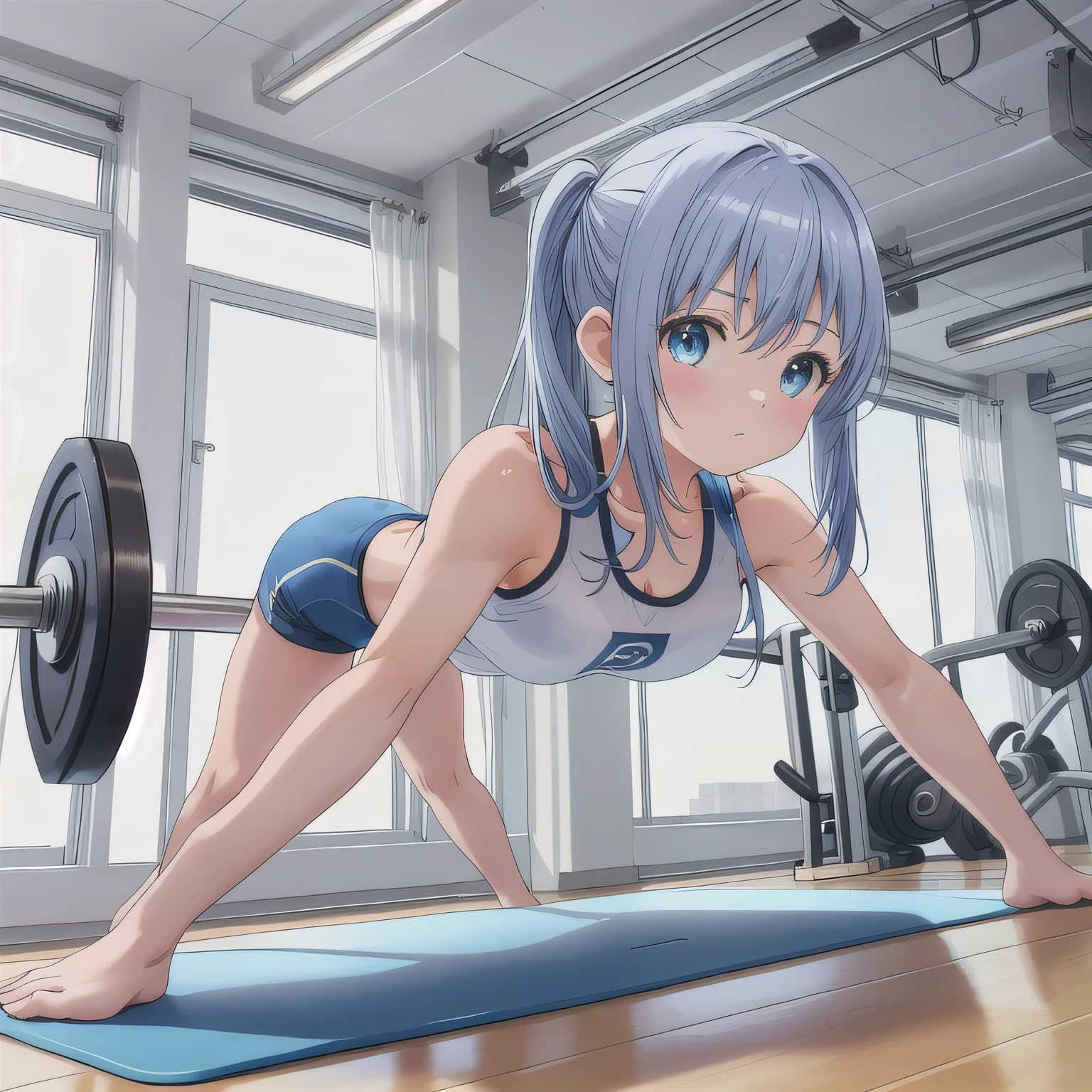 A person doing a plank exercise on a mat in a fitness gym, minimal equipment, bright interior.  Long hair, blue hair, blue eyes.