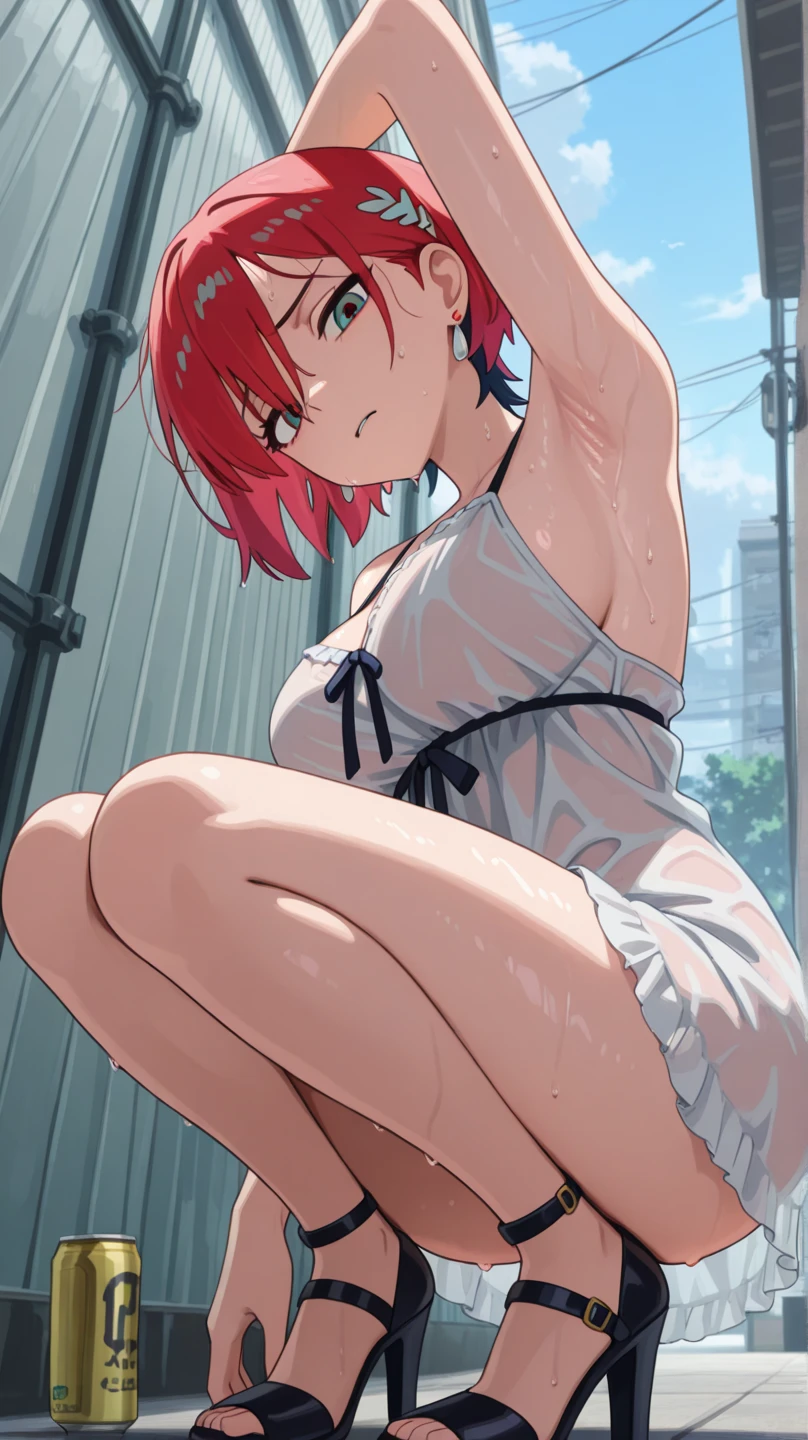 ((Tabletop, Highest quality, High resolution, Pixel perfect, 4K, nsfw)))、1 Girl, Beautiful woman、((short hair, Twin braids、Red Hair)), ((blue eyes、Beautiful eyelashes, Realistic eyes)), ((Detailed face, blush:1.2)), ((Smooth texture:0.75, Realistic texture:0.65, Realistic:1.1, Anime CG Style)), ((Muscular))、((Small breasts、Big nipples、Thick thighs)), Perfect body、Inside the train at night、((((:or、Embarrassing、blush))))、((Sweat))、Sitting、Spreading her legs、(Put your hands behind your head、Armpits)、((Light Blue Striped Panties))、