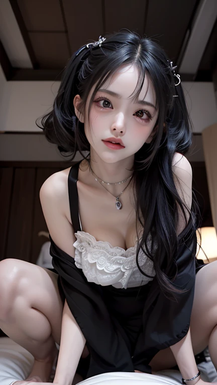 (8K, highest quality, masterpiece:1,2), black long hair , wearing a maid outfit, kneel down, feet and five fingers, background backlit masterpiece, highest quality, 1 girl,thin waist,bangs, Ribbon Ponytail, brown hair, (blush:1),That costume only opens wide at the chest., beautiful big breasts, (erect nipples:1),Thighhighs