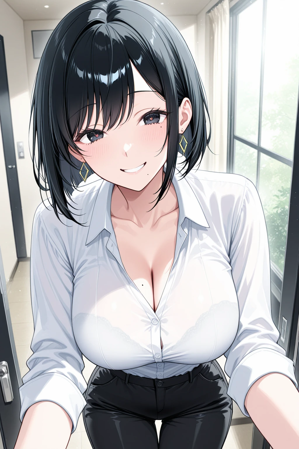 最high quality, High resolution, unity 8k wallpaper, (figure:0.8), (Beautiful eyes:1.6), Highly detailed CG, Night Time, One girl, Black Hair, Large Breasts, hotel, Clear skin, Hollow Eyes,(masterpiece), wallpaper,high resolution,(窓から夜景が見えるhotel),Intricate details, beautiful, sexly, erotic, Obscene, Noise Reduction,sensuous,Seductive pose,Cute anime face,Dog collar,high quality,Anime Style,sexuell,Shiny Hair,Ecstatic expression,(ラブhotel:1.3,Love bed,Sit on the bed),(school uniform,Short sleeve shirt,No tie,Checked mini skirt),Cleavage