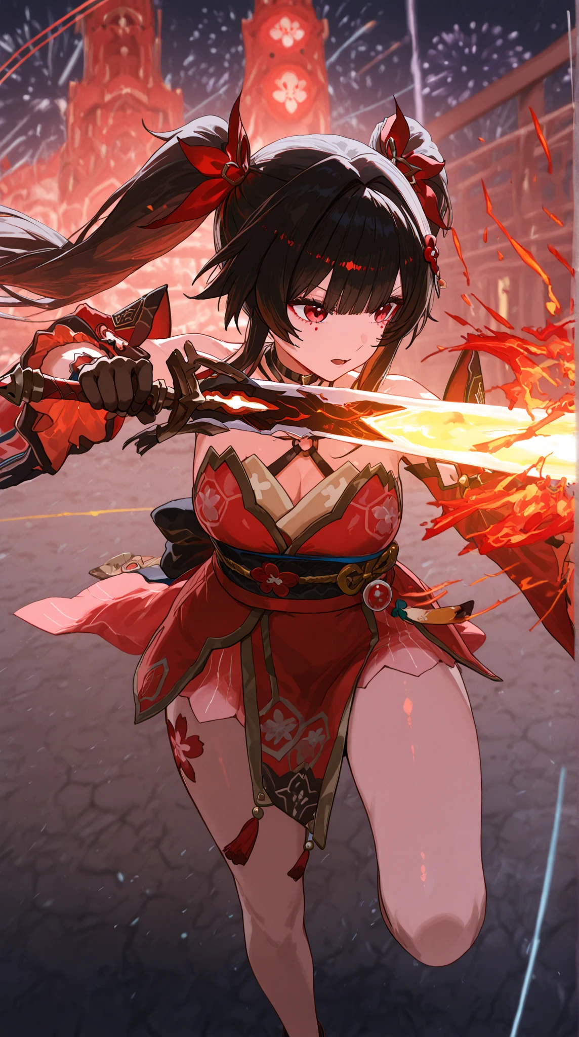 ((in shrine)), red-black costume, holding a sword, Onmyoji, nobushi, Flowing white robe, Ghost fire, Daoism, (put on Mask), absurdres, RAW photo, extremely delicate and beautiful, masterpiece, Best Quality, ultra high resolution, 32k, hyperrealistic, ultra-detailed, detailed description, pale skin, 20 years old, tearful mole, earring, Colossal tits, short medium hair, wavy hair, evil grin, full body shot,