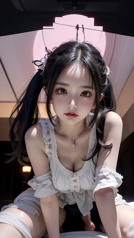 blush,Long white hair,(8k, RAW Photos, Highest quality, The pieces fly:1.2), (reality, Realistic:1.4), (非常に詳細な8k壁紙),  Sharp focus, Depth of written border, Cinema Lighting, Soft Light, Detailed beauty eyes,Asymmetrical bangs, Glowing Skin, Highly detailed skin ,High resolution, Attention to detail, Detailed hairstyle, Detailed beauty face, Hyper Real, Perfect limbs, Perfect Anatomy ,1 Japanese girl,Famous Japanese Idols, Perfect female body,A shy smile,Long eyelashes,double eyelid,Look straight here,Off the shoulder,(White gothic punk lolita fashion),,Street,Stand up straight and face me,The upper body is shown,,look straight at me,,Small breasts