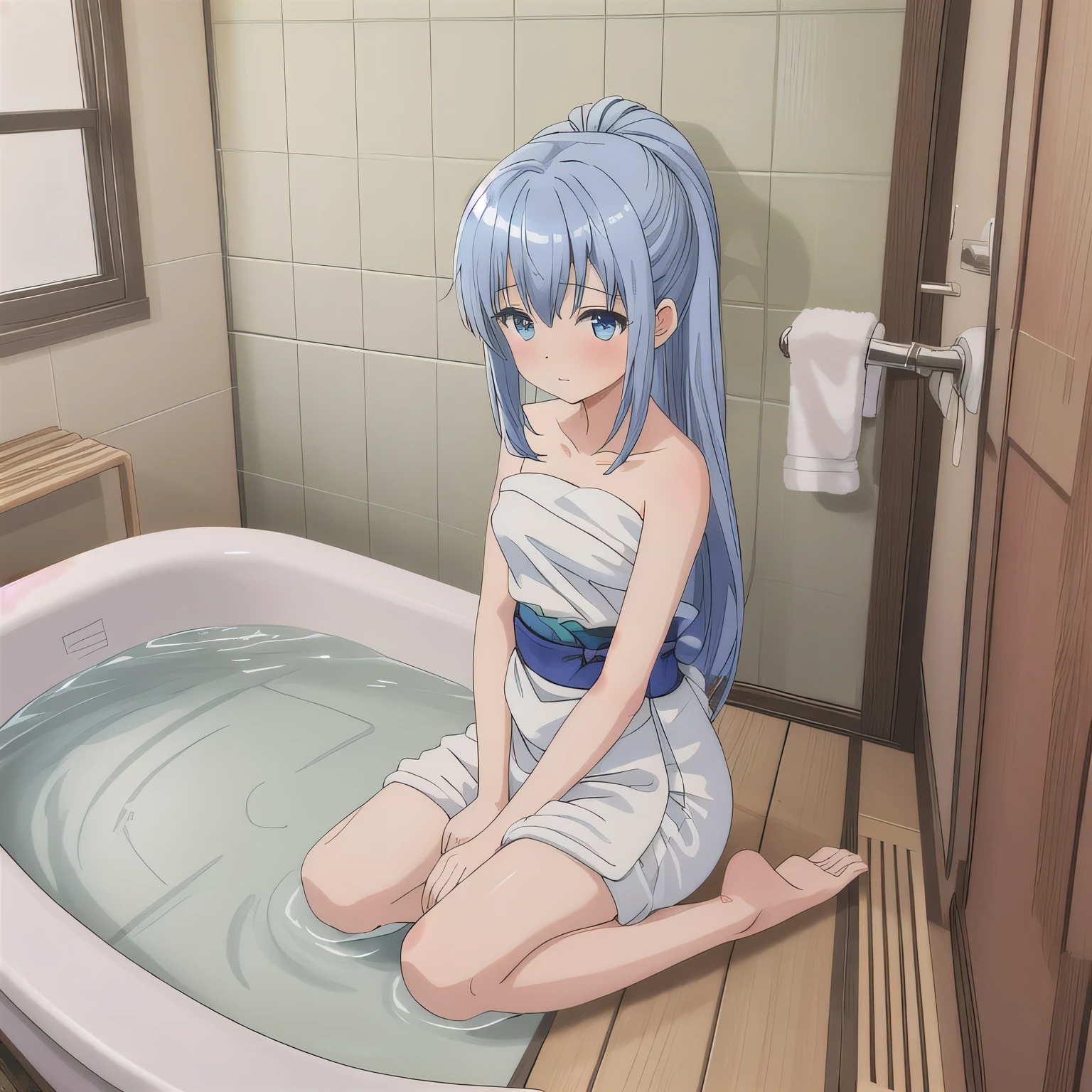 A beautiful woman in a A narrow, compact Japanese bathroom, with tiled walls, a small bathtub, and a wooden stool beside it. Steam fills the room., sitting in seiza style , politely waiting to greet someone.The character is wrapped in a towel around the body. Long hair, blue hair, blue eyes.
