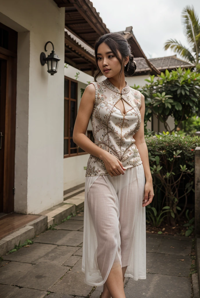 "Generate a captivating visual narrative celebrating the allure of an Indonesian beauty model. Craft a scene set against the breathtaking backdrop of a lush Indonesian landscape, perhaps a serene rice terrace in Bali or the vibrant streets of Jakarta. Envision her dressed in traditional Indonesian attire, adorned with intricate batik patterns that tell stories of heritage and culture. Describe her with precision: eyes reminiscent of the deep forests of Java, their rich brown hue reflecting wisdom and depth; skin kissed by the equatorial sun, with a golden undertone that glows with vitality; lips like the petals of a tropical orchid, delicately curved into a smile that radiates warmth and resilience. Let her presence evoke a sense of timeless elegance, with every detail capturing the essence of Indonesian beauty – from the gentle sway of her kebaya to the subtle gleam of her intricate jewelry, each element a testament to the country's rich tapestry of traditions and influences. Immerse the viewer in a world where beauty is synonymous with cultural heritage, and where every glance unveils a story of resilience, grace, and strength."