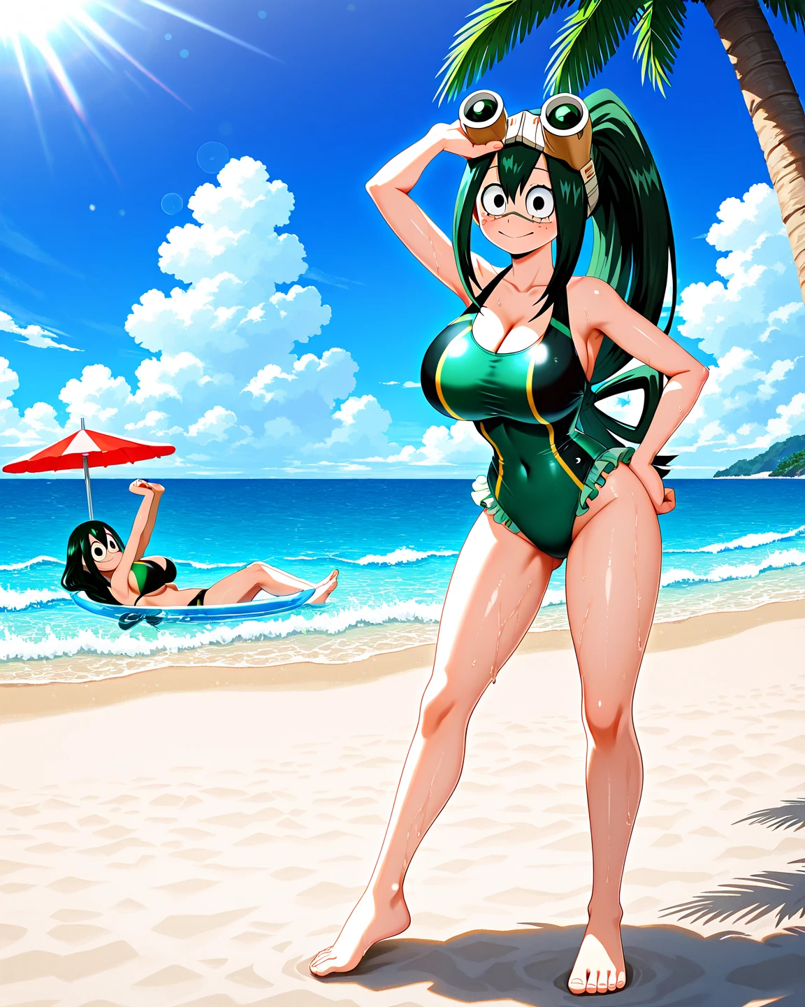 1girl, very long tongue , solo, nude, tongue out, asui tsuyu, long hair, green hair, very detailed, intricately detailed,string-only microbikini, very lowleg full body, absurdres, standing, ocean, beach, (cutesexyrobutts \(style\):0.5)
(masterpiece,best quality),
colorful vibrant.