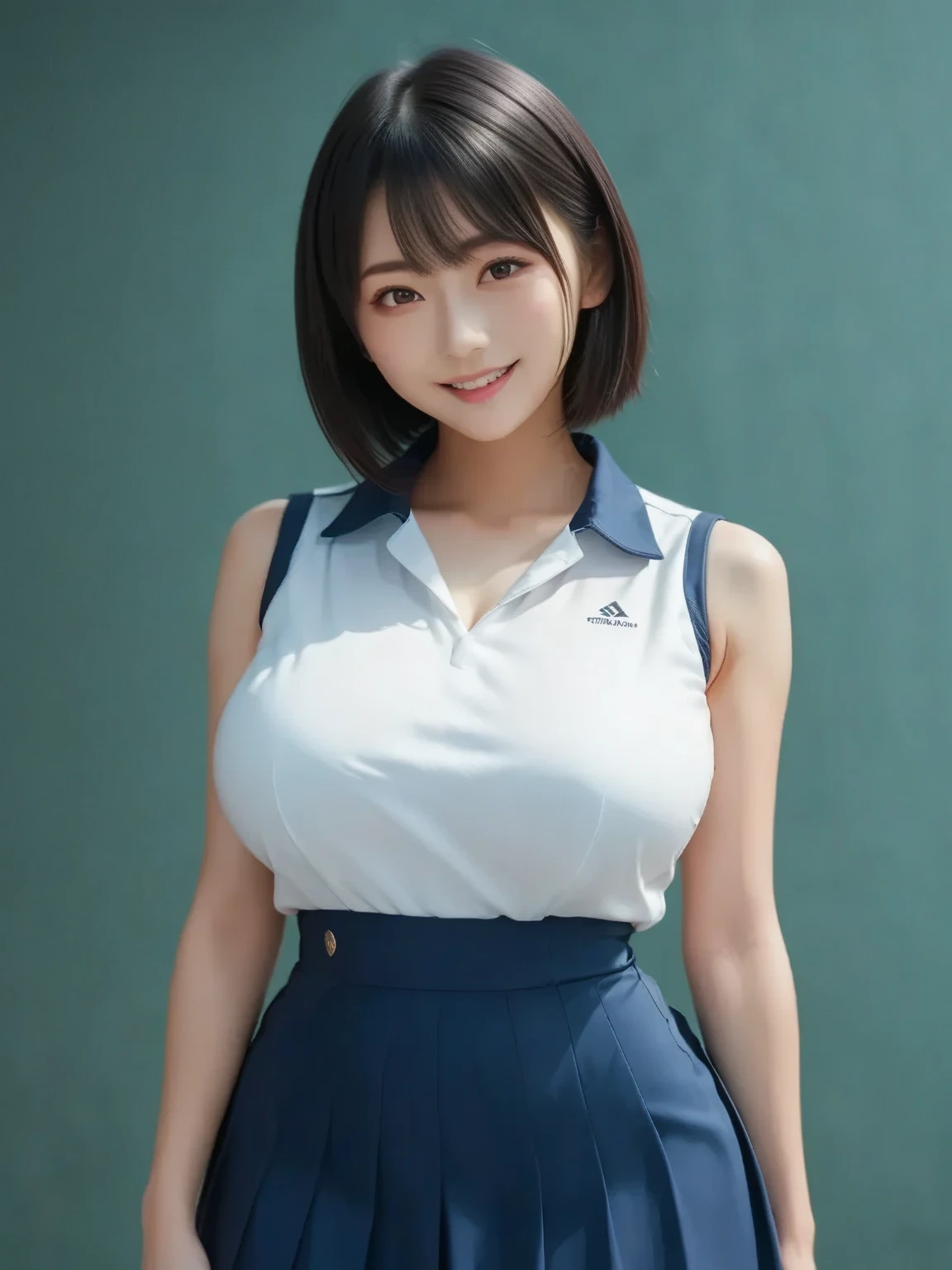 (masterpiece,Highest quality,High resolution,Realistic,photograph:1.2),(One high school girl:1.2), (((Short-sleeved sailor uniform), Navy blue pleated skirt)),(Smiling with teeth showing and eyes narrowed:1.3),(Bobcut,Brown Hair,Natural Makeup, Eyelash extensions, Make your eyelashes thinner and longer:1.3),(Cowboy Shot:1.3),(16 year old Japanese girl:1.2),(Clothes that look good:1.2),(School corridor:1.3), (View the subject from below:1.2), (Super huge breasts:1.5),(Vaginal exposure:1.3), (Random sexy poses, Spread your legs, Squatting and tiptoe:1.3)