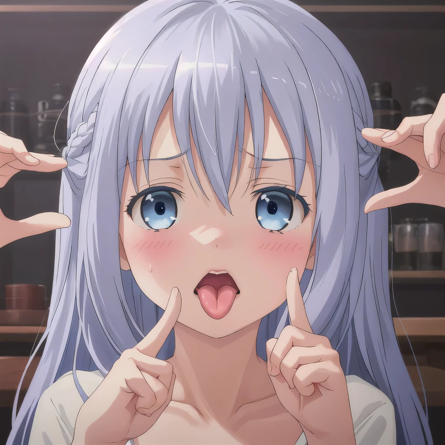 NSFW. A girl just swallowed. She shows a clear expression of discomfort and distaste, slightly sticking out her tongue as if reacting to the bitter taste. Her throat appears subtly tense, capturing the natural motion of swallowing. The atmosphere suggests the moment right after drinking, with a focus on the unpleasant expression and the realistic detail of the throat. posing with both hands raised beside her cheeks, making a peace sign, hands clearly positioned next to her face, focus on hands and gesture. Long hair, blue hair, blue eyes.
