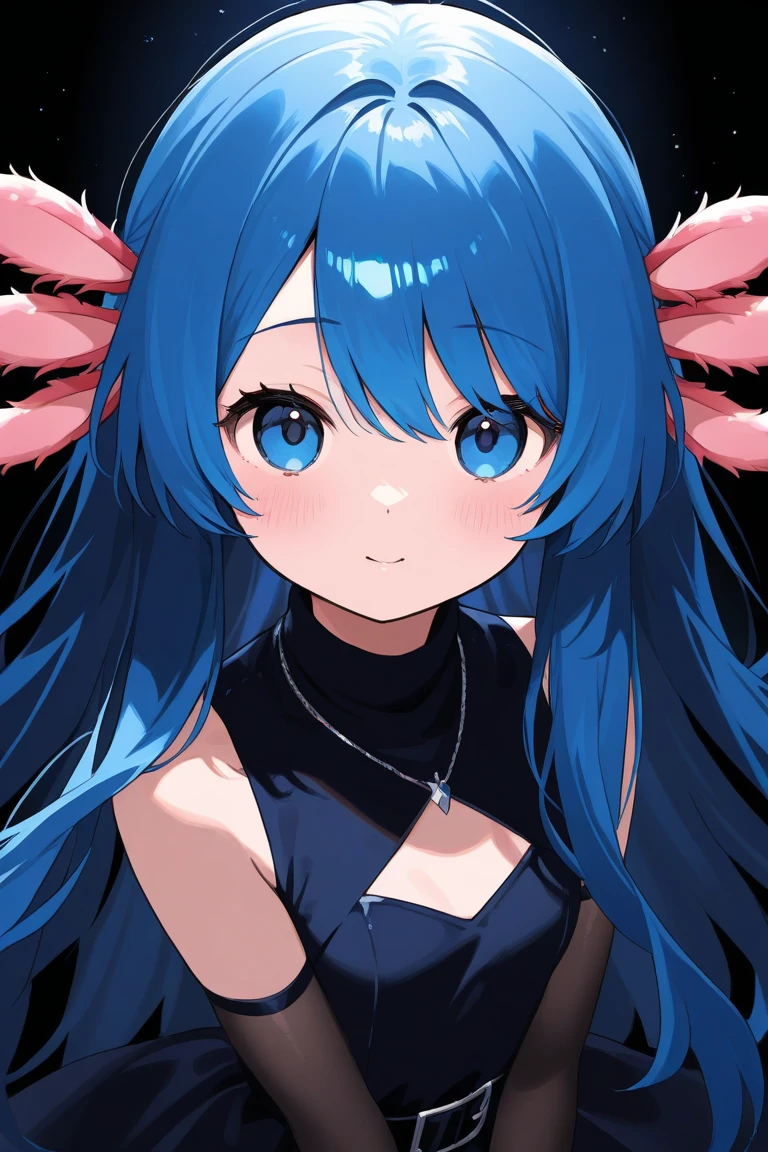 Create an anime girl with blue hair, blue eyes, blue horns, big tits, no clothes, white skin, masturbating
