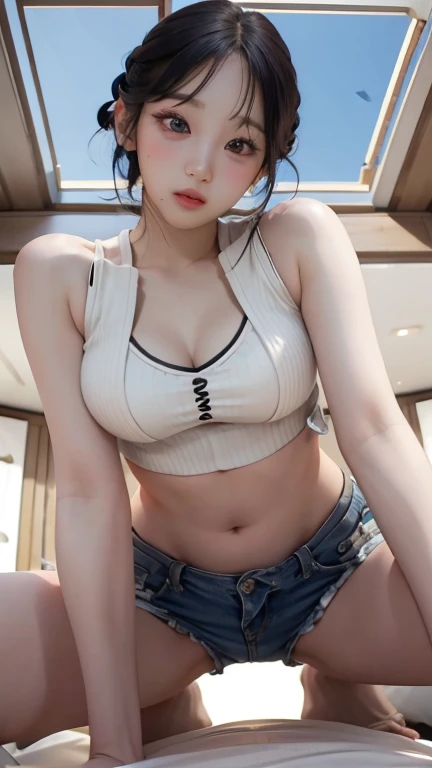 ((midnight, best quality, 8K, masterpiece :1.3)), whole body, Long legs, Clear focus :1.2, Beautiful woman with perfect body :1.4, Slim abdominal muscles :1.1, ((Dark brown hair, 巨Large Breasts :1.2)), (Red tube top tight T-shirt, Overalls Jeans,Balenciaga socks， permanent:1.2), ((City night scene, roof:1.3)), Highly detailed face and skin textures, Delicate eyes, Double eyelids，Large Breasts，Watch exposed breasts，Touch your chest with your hands。