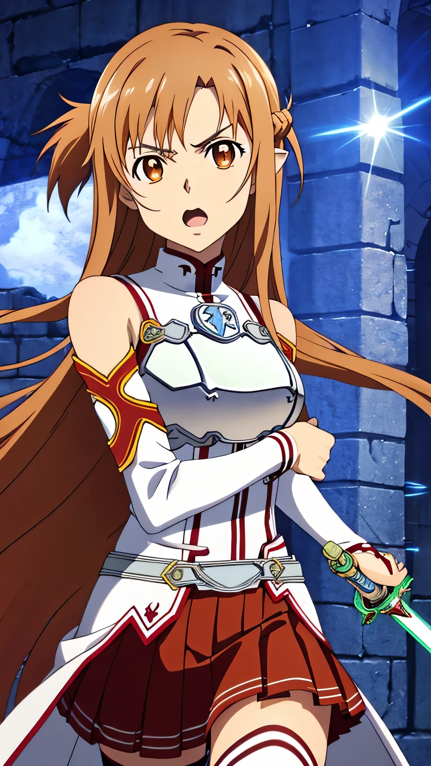{{{masterpiece}}}, (best quality:1.5), (ultra-detailed:1.5), {illustration}, {{an extremely delicate and beautiful}}, (beautiful detailed eyes:1.6), absurdres, highres, extremely detailed face, 16k, hd, visual anime de uma jovem mulher, extremamente bonito rosto de anime, anime melhor garota, (perfect hands, perfect anatomy), anime face, Yuuki Asuna(Sword Art Online), aaasuna, Eft_sao_asuna, 1girl, solo, cute face, very long hair, brown hair, braid, half up, sidelocks, swept bangs, black pupils, (brown eyes:1.8), medium , big hips, curvaceous, BREAK, {Knights of the Blood Costume}, bare shoulders, white armor, (breast plate:1.4), white sleeves, detached sleeves, white sword belt, (red skirt:1.2), pleated skirt, mini skirt, white loincloth, white thighhighs, thighs, zettai ryouiki, BREAK, solo, open mouth, angry, female swordsman, weapon, word, rapier(Lambent Light), long thin sword, (holding rapier:1.3), (hold a sword with one hand:1.5), plate, legs apart, fighting stance, duel, clash, punch, punching viewer by her fist, over action, hair floating, messy hair, flushed cheeks, looking at viewer, indoor, (dungeon:1.5), aisle, upper body, isometric drawing