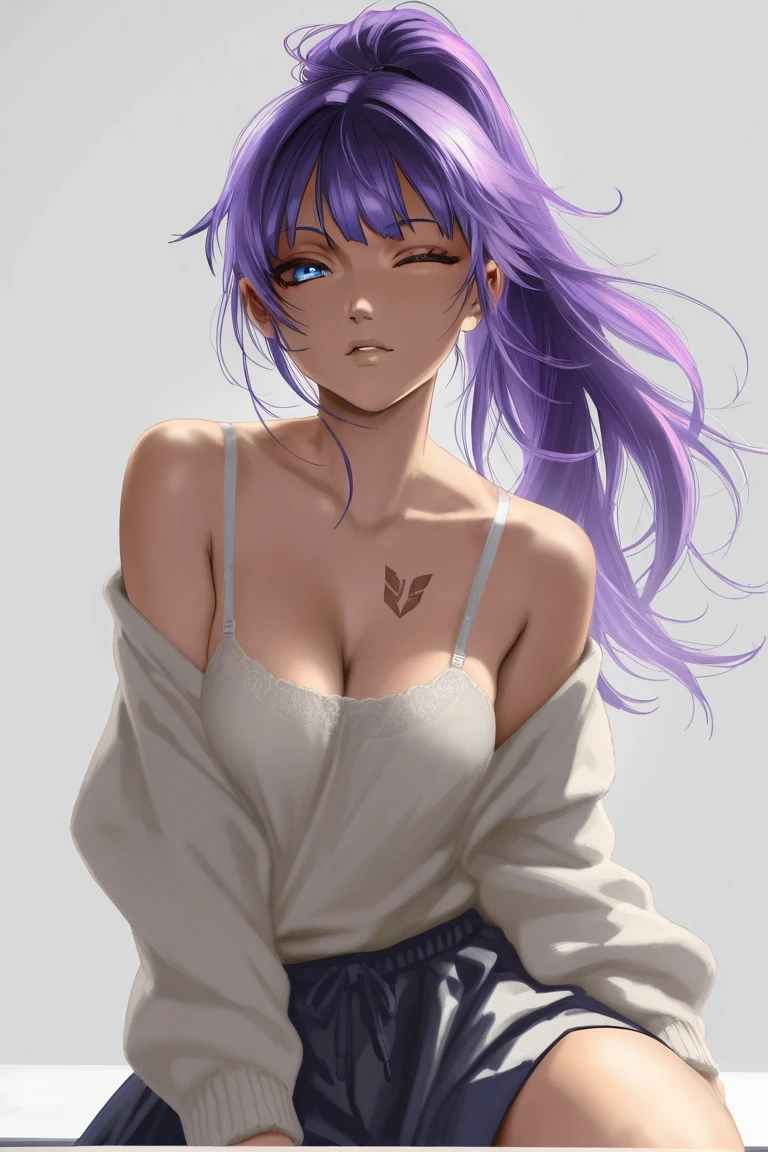 (best quality, masterpiece, highest detailed) upperbody shot, <lora:shihouin_yoruichi:0.7>, yoruichi, dark-skinned female, dark skin, purple hair, yellow eyes, short jeans, tank top, choker, simple purple background, bokeh, looking at viewer, light smile, blush,