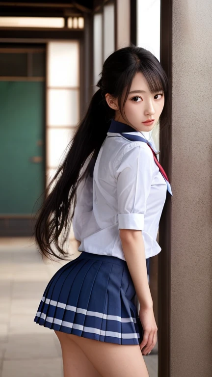 (masterpiece、Highest quality、Highest Resolution、clear_image、Detailed explanation): (Full body image up to the legs、15-year-old girl、Sexy ass crack、From behind,Sitting on a bench, Beautiful Japanese , (smile:0.5), (Looking at the audience), 30 years old, Slightly thicker,, Tight black pleated long skirt, Office Room, machine, (Small breasts, Hips:1.2), Beautiful face in every detail, wavy ponytail hair, From below,Sailor suit、Put your hand on the wall