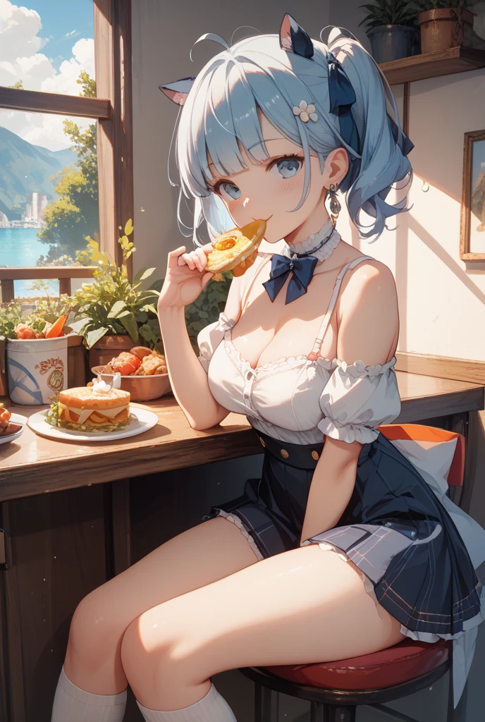 (Highest quality:1.4、8K:1.4、detailed)、F cup bust、Big Breasts、Slim body、Very white beautiful skin、((((1 person、smile、Surprised expression、sit、Chair、In the background are the urban buildings of Tokyo、looking at the camera、Indoor cafe terrace、Navy hair color、Straight Long Hair、juice、Shooting up close、table、Very cute face))))、((((nude、Areola))))、(Touching cheeks with both hands pose:1.4)、(((Off-the-shoulder seamless top)))、Nipples、Very blue sky、A completely cloudless sky