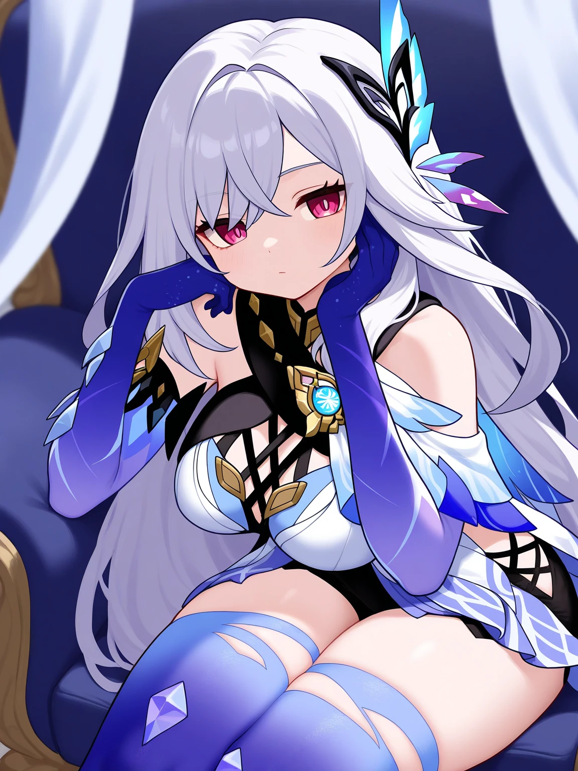 Fairy Knight Lancelot (destiny), 1 female, alone, Long Hair, chest, bangs, underwear, tail, Gray Hair, Top-down Bottom-up, flexible, Body pattern, Armrest, Jack-o'-Challenge, Hands on the ground, Viewers showing their backsides, Backwards, Viewer seen from behind, Rear-facing camera, dorsal position, Viewer facing the butthole、,anusを視聴者に向けている,anus