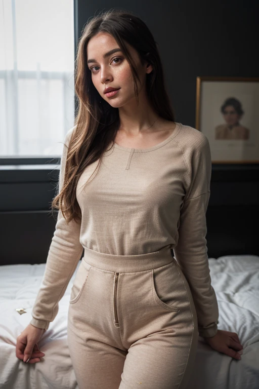 young woman, dressed, brown, in a sofa