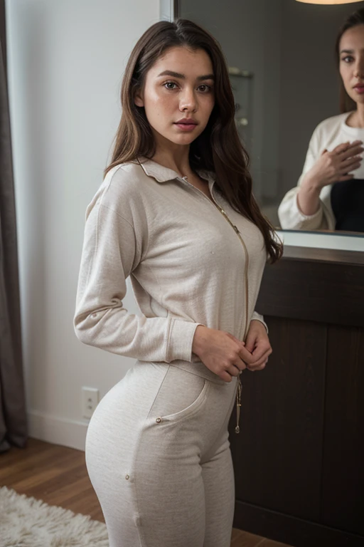 a single character full body, standing on a white base, beautiful, masterpiece, best quality, A girl with long brown hair, has brown eyes with long eyelashes, her cheeks are natural red, background Coffee bar, she holden a cup of coffee, clothes comfortable but provocative, a jumpsuit but a little tight