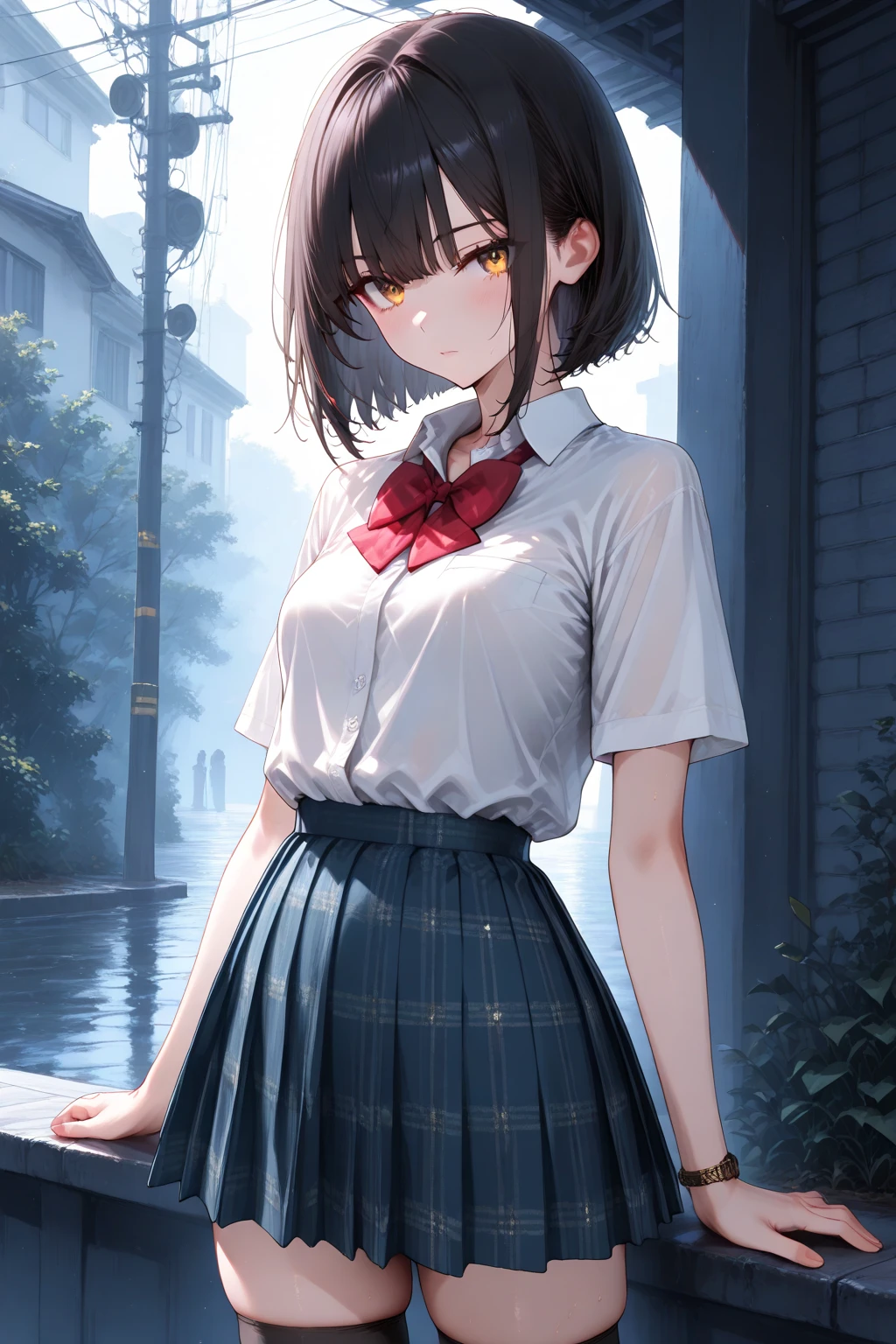 ((masterpiece)), ((Highest quality)), (Very detailed), ((Cute high school student)), (Red cheeks), ((look back, Butt)), ((Very detailed)), (8k), Highest quality, (beautiful),beautiful 顔, ((Embarrassing, Lips open)), whole body, In town, (Stone stairs), White shirt, ((beautiful胸のライン, )), (Pleated skirt), Brown eyes, White skin, Medium Hair,( Detailed hair, Black Hair),Slender body,(( Medium chest, beautiful身体のライン)), White tights, ((White panties)), Pleated skirt, (The hem of the skirt flaps), Embarrassed face, (Red cheeks, looking at the camera), Strong winds, Wind effects,