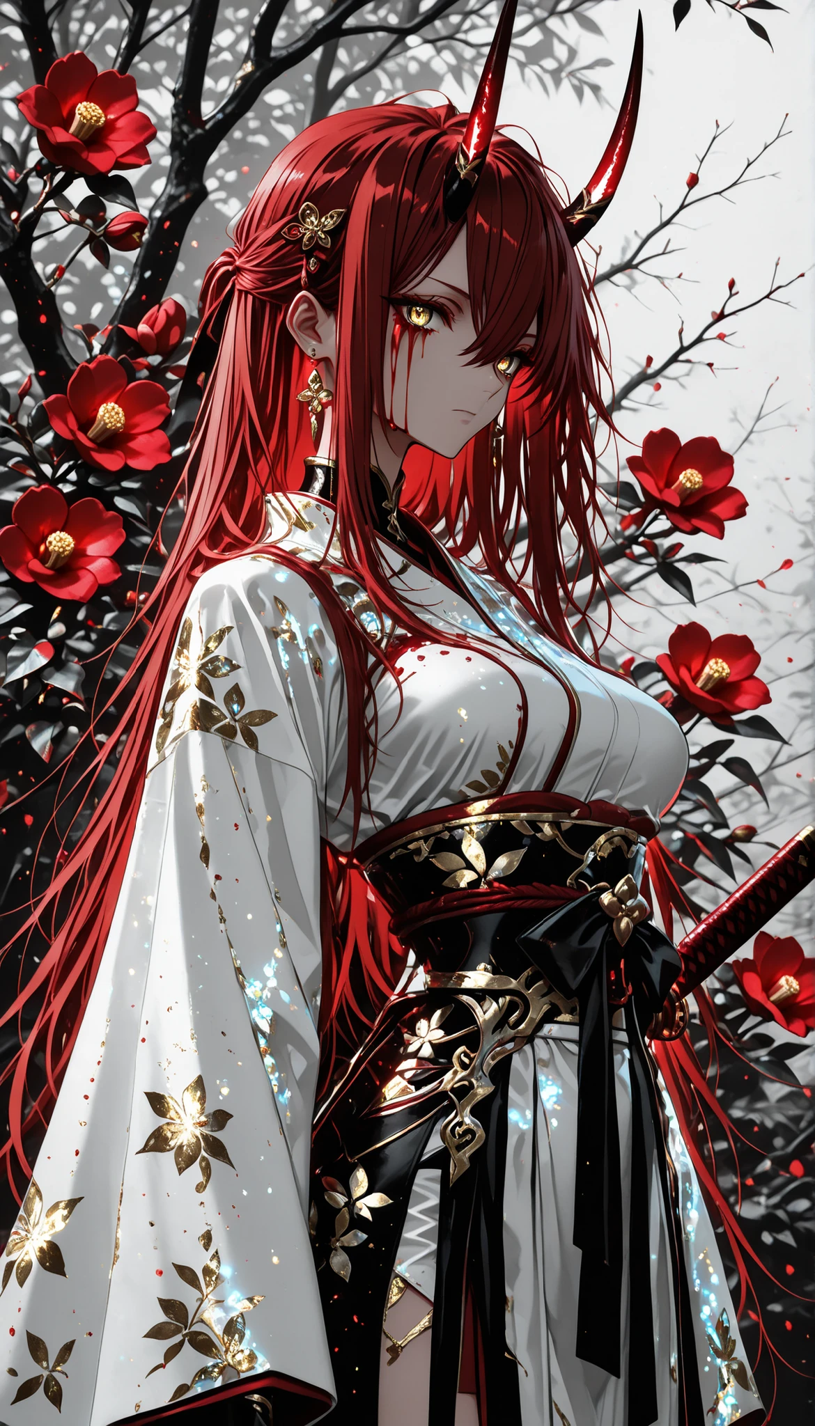 1 girl , golden eyes , very long hair , long sidelocks, red hair ,half updo, petite , very cute , beautiful ,Straight hair, cool, handsome, hair between eyes, sexy, medium breasts , blood tears, white kimono, sengoku period, white warrior, white armor, sharp gaze, female warrior, beautiful, enchanting, alluring, white armored figure, demon horns, katana, messy hair, beautiful eyes, camellia flower, monochrome, greyscale, 748cmstyle, high quality, best quality, ultra details, amazing, stunning, illustration, glitter aesthetic, glowing kimono, japanese clothes, obi, traditional hair pin, floral print, 4k, 8k, Ultra HD, Masterpiece, Best quality, Detailed Illustration, 8k wallpaper, detailed outfit, background sakura trees