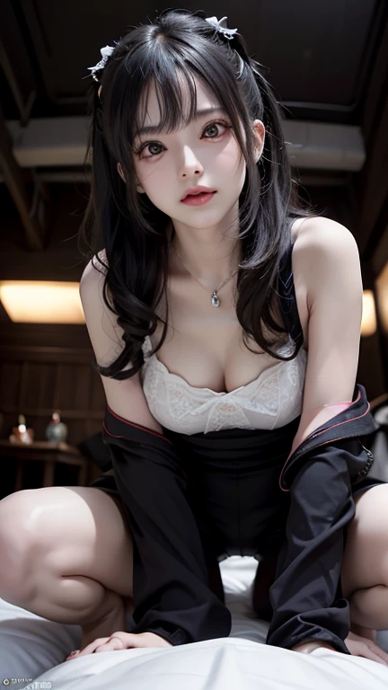 Sadako has a unique atmosphere that exudes creepiness and horror。Sadako、seducting smile:1.5、flat breast:1.5、Long black hair that hides the eyes:1.5、Miniature yukata、Outwardly, creepy and attractive、Sexy and bewitching standing legs、The flat chest is attractive。Spread your legs apart:1.5、Touched hair、Wet wet crotch、seductive angles、Delicate girl with beautiful details、detailed lips、intricate detailes、(1人の女性:1.5) (Gorgeous beautiful sexy Korean woman:1.1) 独奏、Viewers looking up、Model Girl、a choker、(Fine yukata+seeThroughSilhouette)、Asian_Street、Asian Traditional House、elegent(50mm Sigma F1.4 ZEISS Lenses、F1.4、1/800 sec、ISO100、Imagen:1.1) (photoRealstic:1.1) lensflare、masutepiece