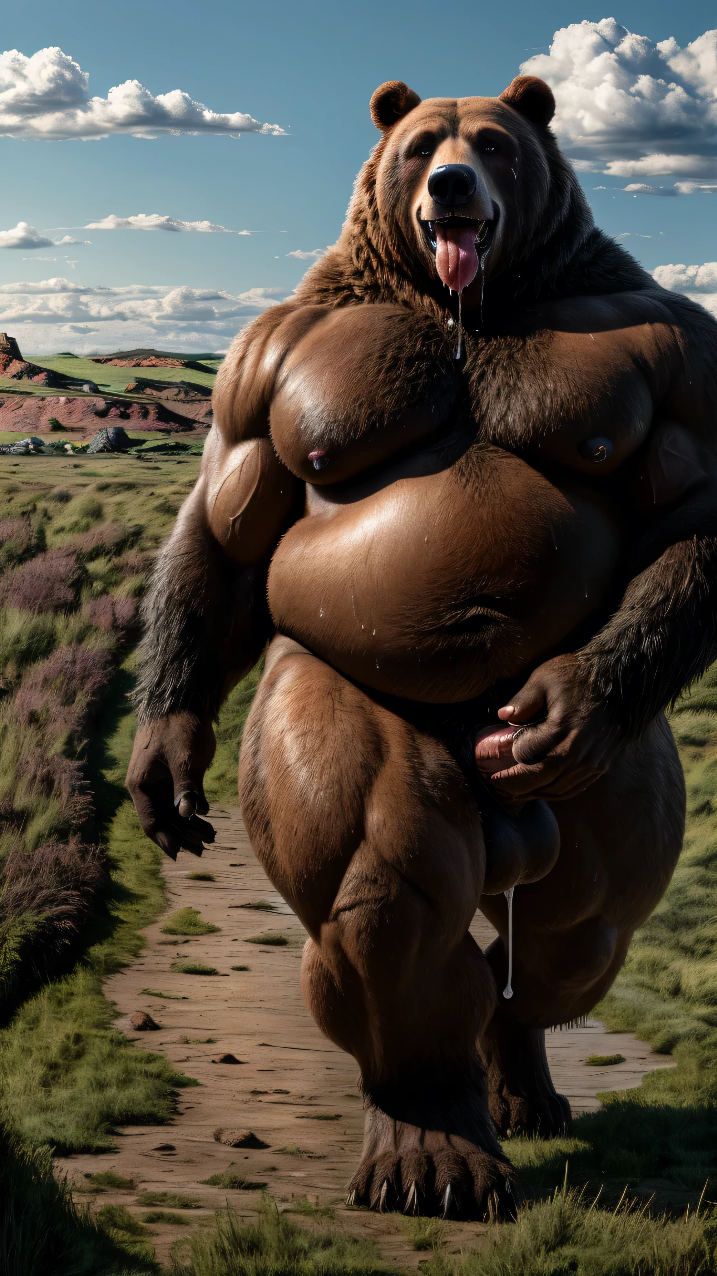 tail, dog, golden retriever, muscular, running, park, fluffy fur, tall, giant, (big bulge), (((jiggly big pecs))), (((small waist))), (((wide hips))), (((big ass))), handsome, shirtless, tight shorts, (((realistic, 8k, ultra details, masterpiece)))