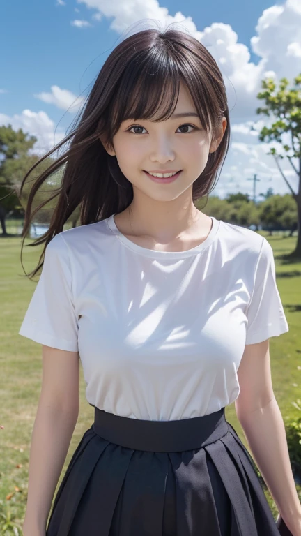 ((white short sleeve blouse、ultra mini pleated skirt、dark blue)), ((red tie))、 ((black boots))、((whole body esbion))、((side shot))、((、small and flat chest))、Beautiful girl with realistic black eyes, white skin, medium length black hair, perfect face, perfect eyes, very detailed, comprehensive movie, digital painting, 8K, cinematic lighting, highest quality, High resolution, detailed work, Post-processing, perfect results, surreal、symmetrical face、beautiful skin、big and bright eyes、Well-formed lips、