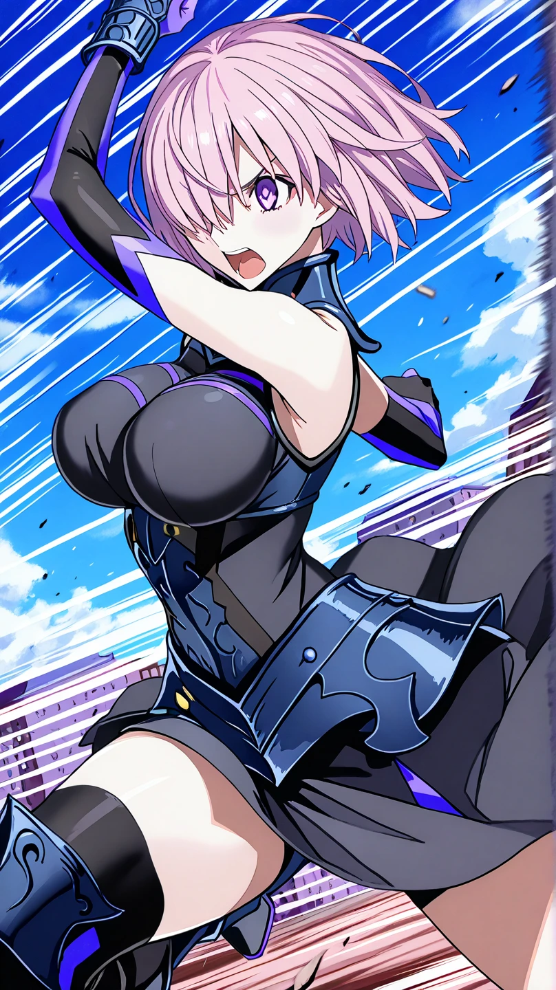 smile、(Mash Kyrielight)、Ultra-detailed illustrations、Ultra-precise expression、masterpiece、Highest quality、ultra High resolution、High resolution、Hiromitsu Takeda Style、White background、Simple Background、One girl、soght purple hair,short hair,hair over one eyes、bare shoulders、elbow gloves, armor、black armor、black armor、boots、、Purple eyes、Open your mouth、Large Breasts、Big Breasts、Erect nipples、Choker of Hearts、White Breath、Sweat、Glowing Skin、shiny skin、Front angle、View your viewers、Raise one leg、