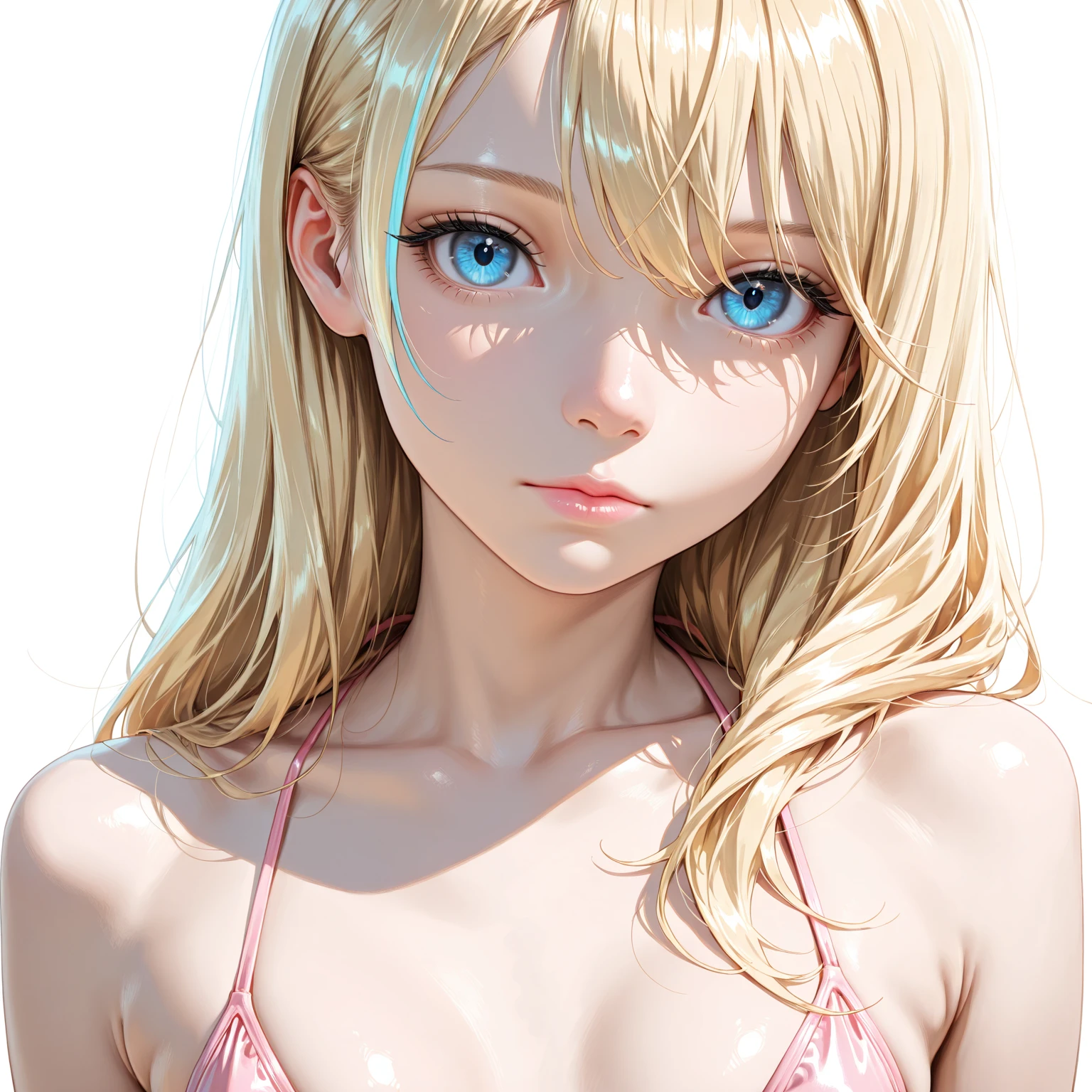 (high quality,8k,masterpiece) upper body portrait of 1 girl, beautiful detailed eyes, beautiful detailed lips, extremely detailed face and skin, long eyelashes, wearing pink bikini, perfect breasts, soft lighting, warm color tones