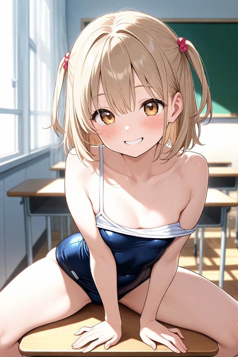(​masterpiece:2.0), (top-quality:2.0), (Sitting naked in classroom :1.5), (tiny white string bikini:1.5), (Perfect exposed shoulders:1.5), (Perfect exposed nape:1.5), (Super Sexy Pose:1.5), (blushed face:1.5), (hide crotch with hands:1.5), (hiding chest with hands:1.5), (Spilling:1.5), (Realistic:1.5), Naked, 1 little girl, Precise little hands, Embarrassed look, lightsmile, Look at me and smile, a very pretty girl, Innocent face, Young Face, Clear eyes, Shining eyes, tiny chest, shoulders can be seen, I can see the cleavage, the lower abdomen is visible, buttocks visible, The crotch is visible, No pubic hair, Dynamic Posing, Beautiful skins, ultra-definition, Top resolution, Japan High School Student, Golden hair