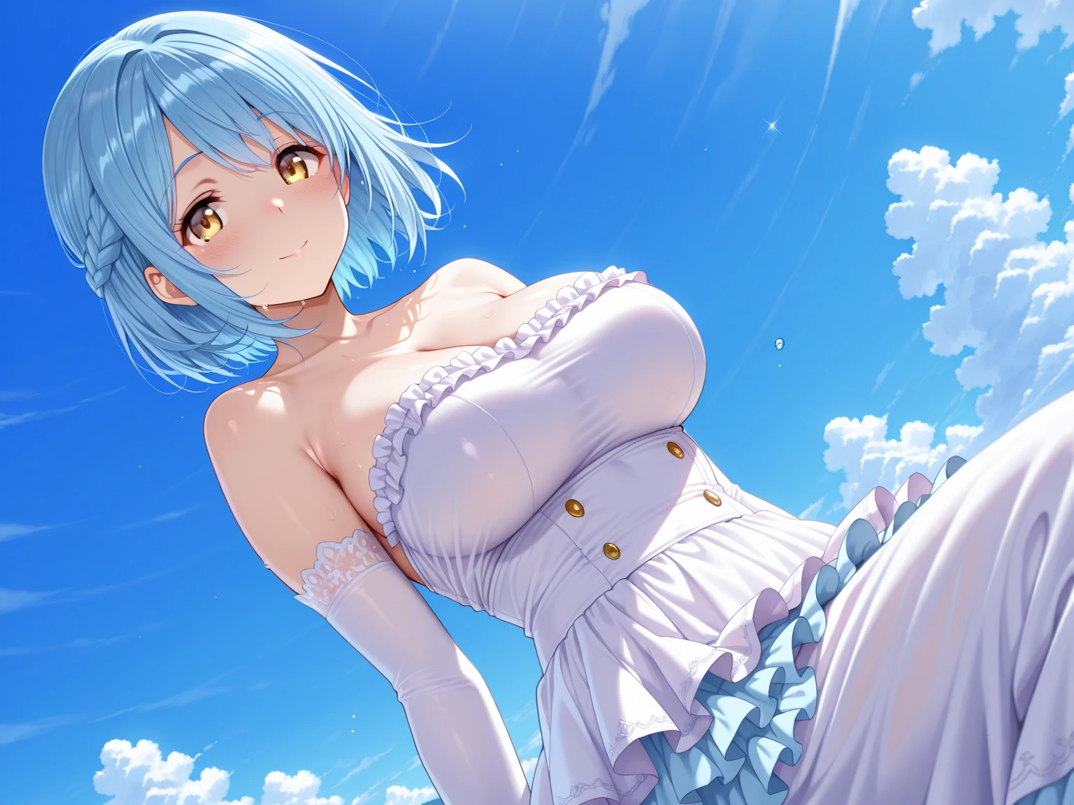 (masterpiece, cowboy shot from above:1.3), (8K, Raw Photography, Top Image Quality: 1.4), 17yo attractive girl leaning against, tempting, showing large breasts:1.2, Super Detail cute babyFace, anime style big droopy Eye of Detail, Double Eyelid, Sharp Focus:1.2, Pretty:1.4, (pale Turquoise blue medium Hair:1.2), Top-Quality, Super A High Resolution, (realistic anime: 1.4), Highly Detailed and professional lighting, tempting smile with full blush, (break), racy white gorgeous dress with fluffy frills, no bra, cleavage out, glamorous body, ecstasy facial expression, waved hair, fatal position, gorgeous background