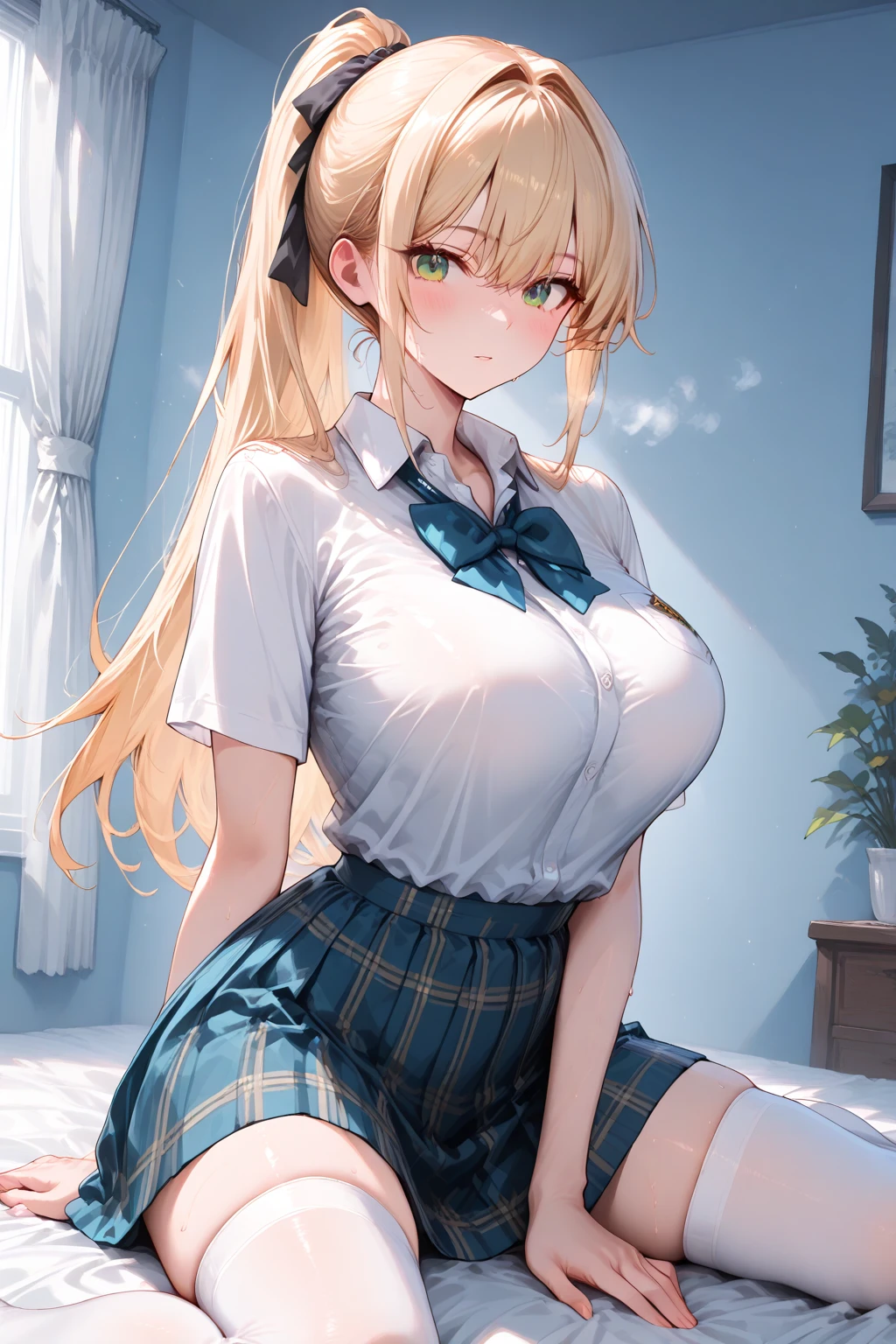 Grabbing a dildo inserted in pussy 1:3,, Pleated skirt, My Room, (Angry face, blush, Sweat), standing, navy long hair, Big Breasts