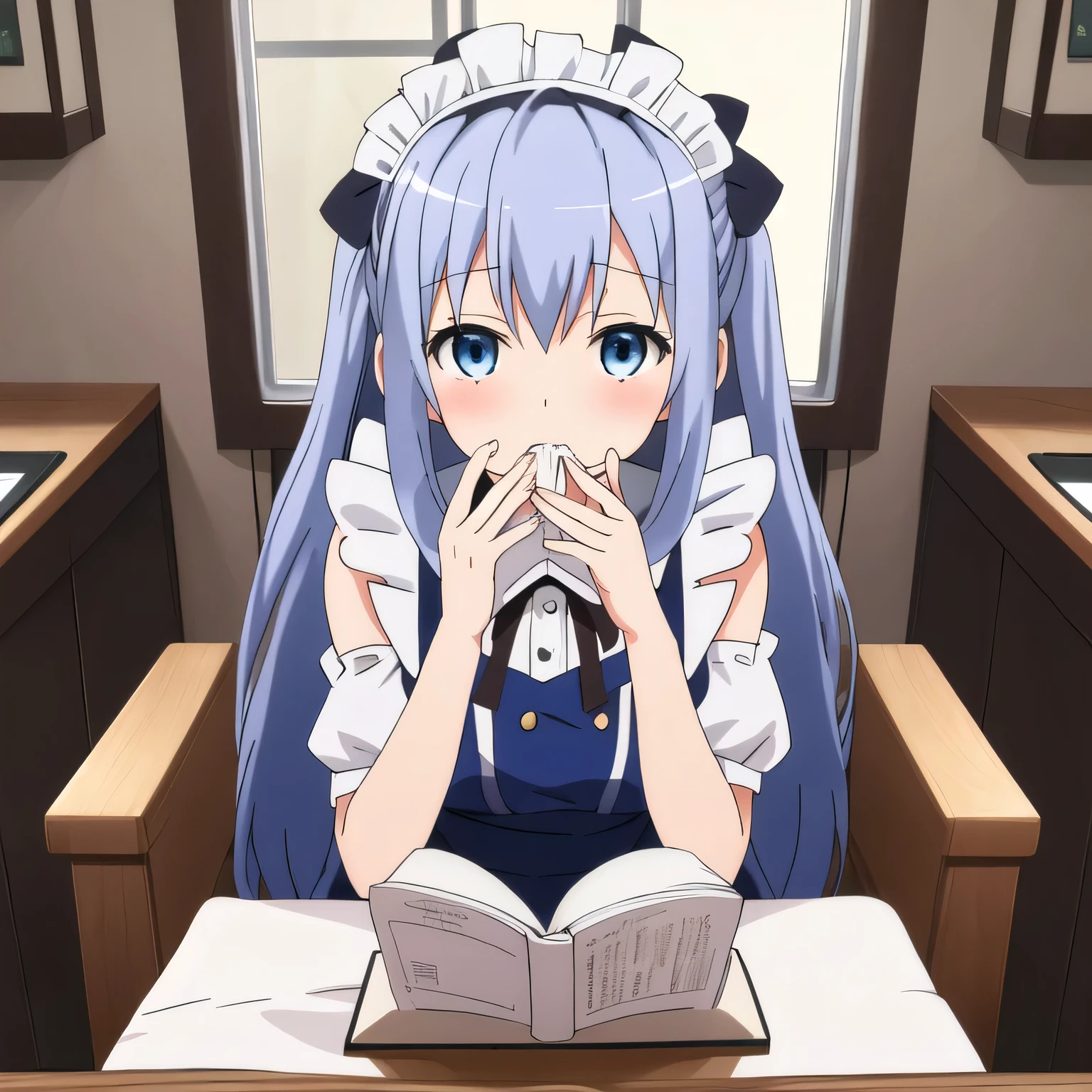 A beautiful anime girl wearing a neat dark blue and white maid outfit. She is sitting on a fully reclined seat in a typical Japanese manga café semi-private booth. Around her are a computer monitor, a stack of manga books, and a drink cup nearby. She holds both hands near her mouth in a suggestive and delicate pose, as if she's imagining holding something large and important, with a blissful, dreamy expression and slightly parted lips. The object she's pretending to eat is not visible. The atmosphere is warm, soft-lit, cozy, and slightly playful. Long hair, blue hair, blue eyes.