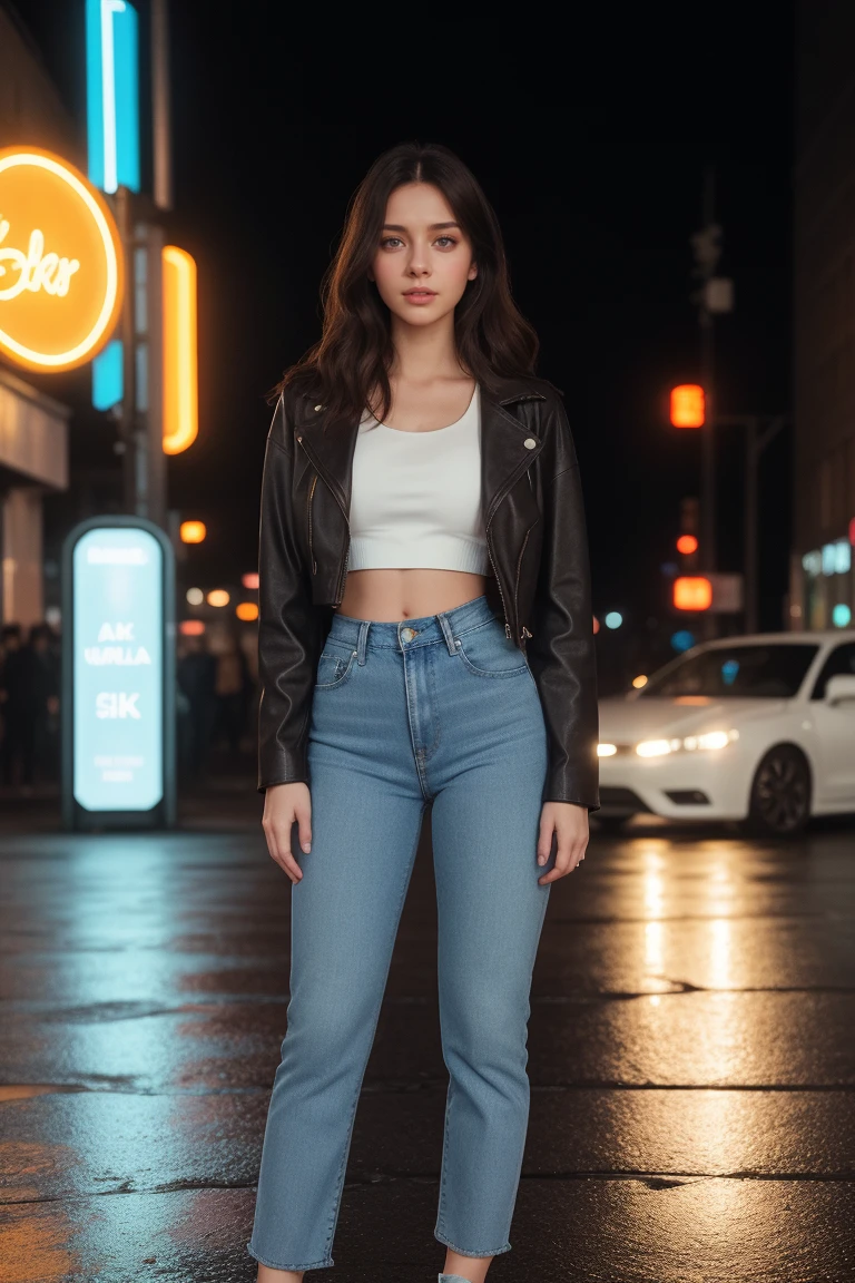 timeless style, analog style, retro style, 1950s style, masterpiece, (best quality:1.12), 8k, artstation, high details, sharp focus, high quality, ultrarealistic, raw photo portrait of beautiful sexy Millie Bobby Brown, leather jacket, (no bra:1.2), looking at viewer, (perfect face:1.2), (perfect eyes:1.2), (big breasts:1.2), (big ass:1.2), dark hair, (wind blow:1.2), (midnight:1.2), city light, walking in a city, [depth of field], volumetric light, cinematic lighting, medium shot, (face focus:1.2) fantasy