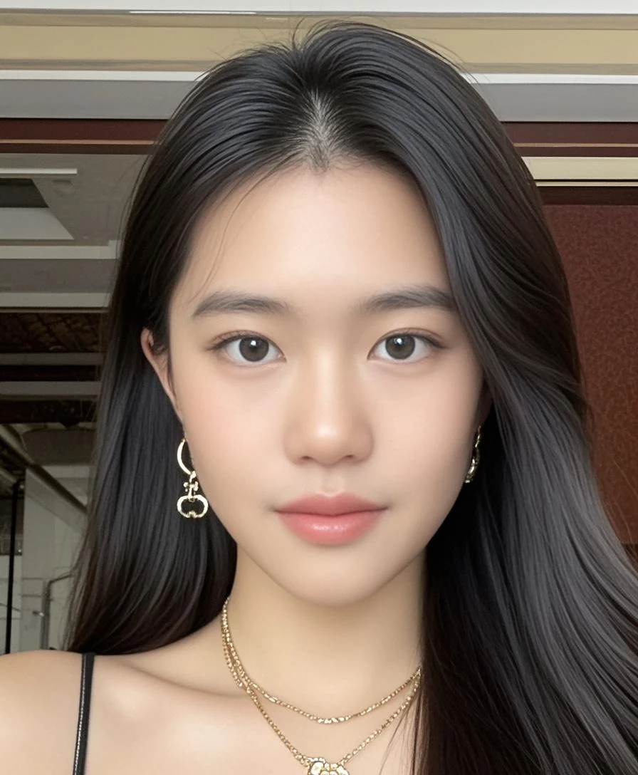 Korean girl with long black hair
thick black eyebrows
On the left cheek, a sticker with the Thai flag pattern is attached.
Very light pink lipstick. Velvet lipstick
Double eyes
Braces
Wear small, light gold earrings.
sharp-eyed tail
wearing a black necklace
Wear a white, unprinted tank top.
Wear light white jeans.
Raise your right hand to hold your head.
Turn your back.
Taken behind a stone wall
Photo showing the whole body