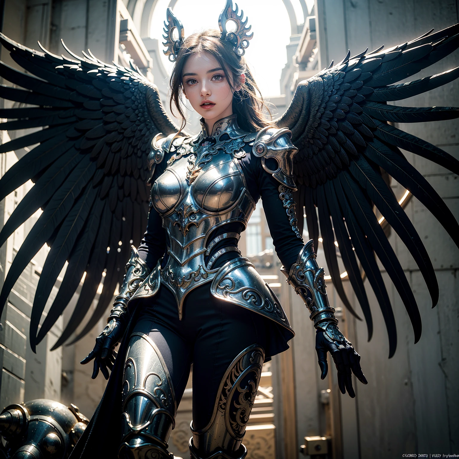 a beautiful latina woman in a black leather outfit and wings walking down a street, villainess has black angel wings, seductive cyberpunk dark fantasy, as a mystical valkyrie, iu lee ji-eun as a super villain, very stylish fantasy armor, angel in plastic armor, intricate costume design, wearing fantasy armor, fantasy woman, steampunk fantasy style, complex fantasy character, fantasy outfit