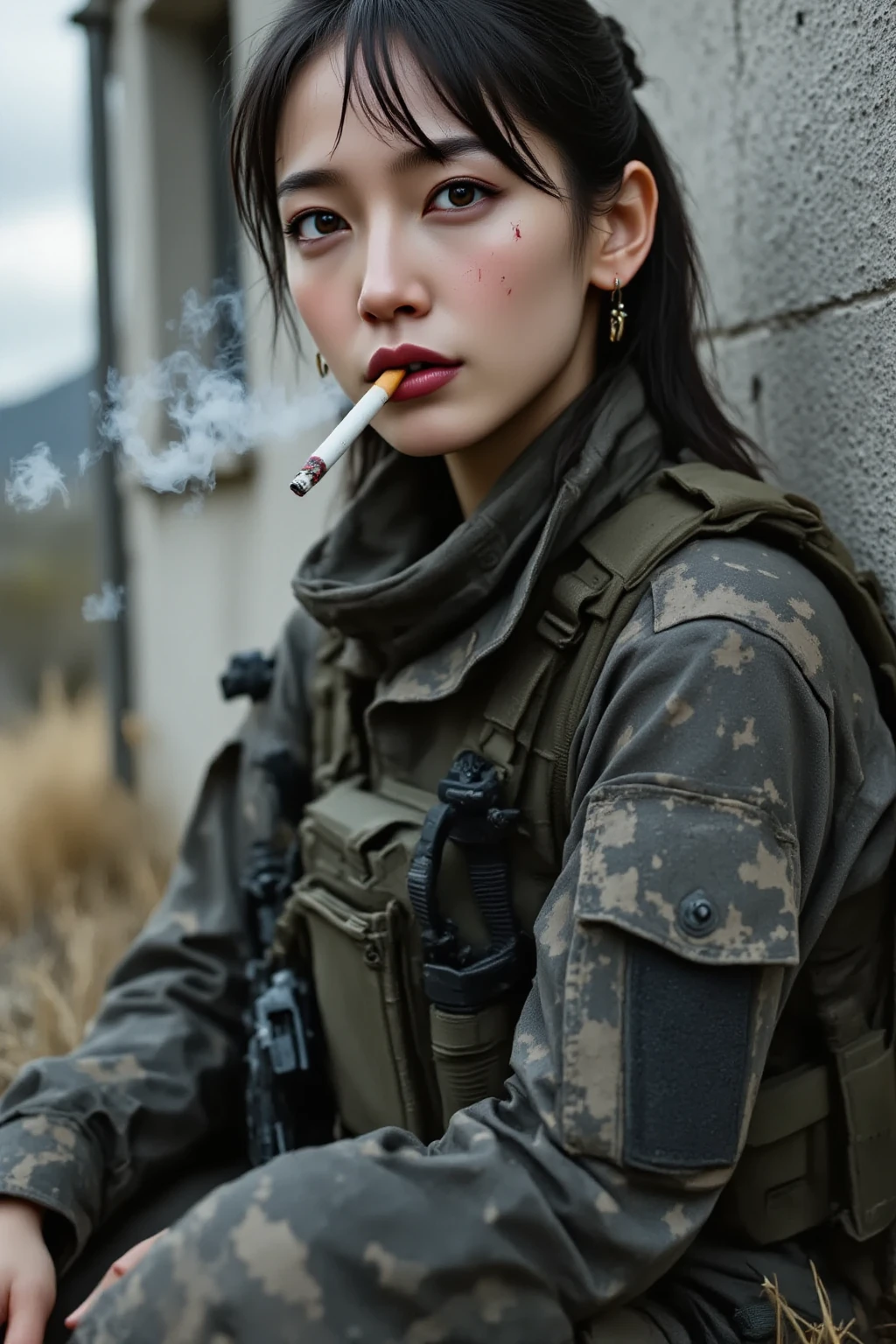 1girl,full body shot,from below, low angle shot, Female soldier on the battlefield、 8k Resolution、Highest image quality、very detailed、Professional photo、perfect composition、perfect lighting、fine texture、natural posing、depicting every detail、hyperrealistic、 sitting with her back leaning against a wall abandoned by war、sitting on one knee She is a young Japanese female soldier、Beautiful black semi-long hair、a beautiful woman with big eyes and long eyelashes、The skin is white and fine、She is smoking a cigarette and exhaling smoke with a tired expression、her face is impressively stained with mud and blood、staring at us suspiciously、wearing an army combat uniform、her combat uniform is worn out and dirty、she has a sniper rifle、the sniper rifle is also dirty、 Photorealistic style, the area is an urban area destroyed by bombing、heavy autumn cloudy sky、the explosion is rising in the distance、