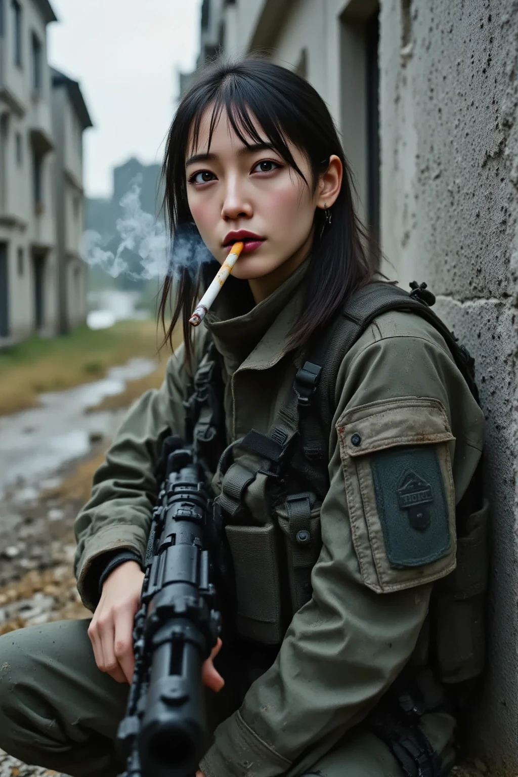 1girl,full body shot,from below, low angle shot, Female soldier on the battlefield、 8k Resolution、Highest image quality、very detailed、Professional photo、perfect composition、perfect lighting、fine texture、natural posing、depicting every detail、hyperrealistic、 sitting with her back leaning against a wall abandoned by war、sitting on one knee She is a young Japanese female soldier、Beautiful black semi-long hair、a beautiful woman with big eyes and long eyelashes、The skin is white and fine、She is smoking a cigarette and exhaling smoke with a tired expression、her face is impressively stained with mud and blood、staring at us suspiciously、wearing an army combat uniform、her combat uniform is worn out and dirty、she has a sniper rifle、the sniper rifle is also dirty、 Photorealistic style, the area is an urban area destroyed by bombing、heavy autumn cloudy sky、the explosion is rising in the distance、