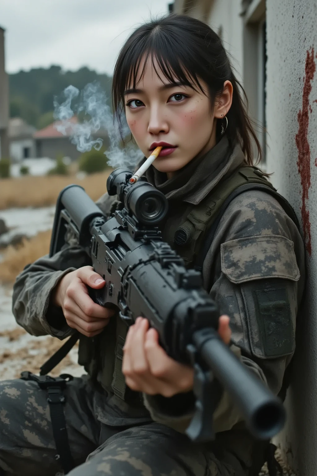 1girl,full body shot,from below, low angle shot, Female soldier on the battlefield、 8k Resolution、Highest image quality、very detailed、Professional photo、perfect composition、perfect lighting、fine texture、natural posing、depicting every detail、hyperrealistic、 sitting with her back leaning against a wall abandoned by war、sitting on one knee She is a young Japanese female soldier、Beautiful black semi-long hair、a beautiful woman with big eyes and long eyelashes、The skin is white and fine、She is smoking a cigarette and exhaling smoke with a tired expression、her face is impressively stained with mud and blood、staring at us suspiciously、wearing an army combat uniform、her combat uniform is worn out and dirty、she has a sniper rifle、the sniper rifle is also dirty、 Photorealistic style, the area is an urban area destroyed by bombing、heavy autumn cloudy sky、the explosion is rising in the distance、