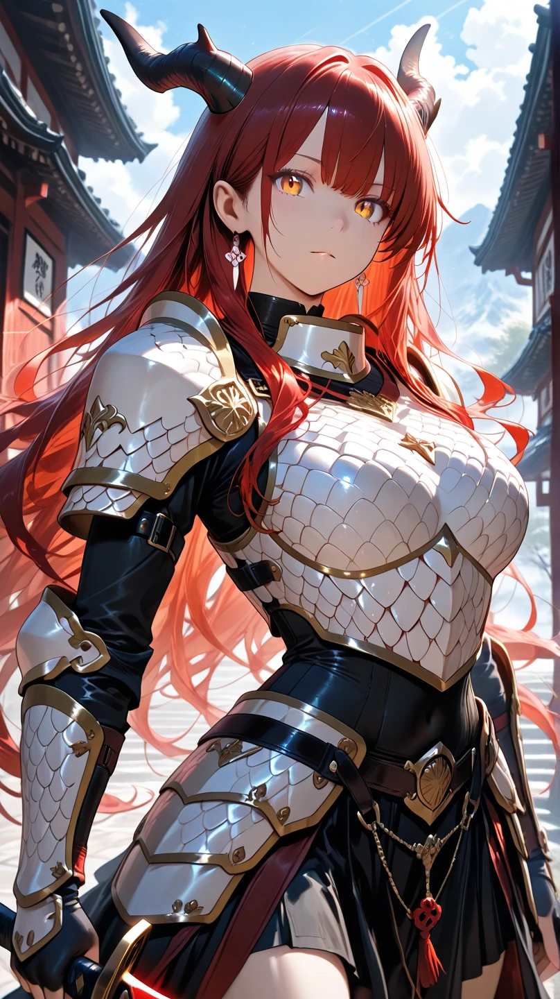 Gold Armor, 4K image, assembly, best quality, masterpiece, movie lighting ，Sexy，Large Breasts，Cleavage，action，In battle，Cleavage，anger，noble，light beam from hand，Golden lightning surrounds，Red hair，Ponytail hairstyle，Saint Seiya Leo Aiolia，Blink，Lipstick