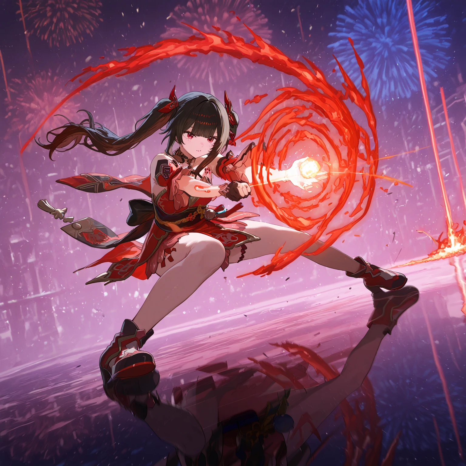 (masterpiece, best quality:1.1),
(ultra highres, ultra-detailed:1.2) ,handsome boy, 15yo,((Burning Roller Blades)),Black hair,Silver headgear,Red Doshi,chinese clothes,has a shining hula hoop and a blazing spear,yellow loin,large mecha-arm,anger,red aura,divine,beautiful effects,Alluring,Background:chinese Wulingyuan,dynamic pose,(fullbody),(Glitter:1.5) ,(sparkle:1.5) ,