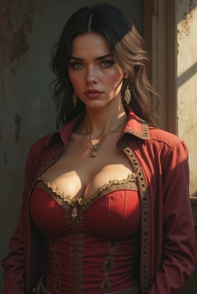 bouncing it up and down, (tetas grandes), escote completo, delineador de ojos pesado, ultra realista, arte conceptual, detalles intrincados, Misterioso, muy detallado, Fotorrealista, renderizado de octanaje, 8k, Motor irreal. arte de artgerm y greg rutkowski y alphonse mucha, Traje de gato de cuero, mono de cuero, ropa de cuero ajustada, correas de cuero