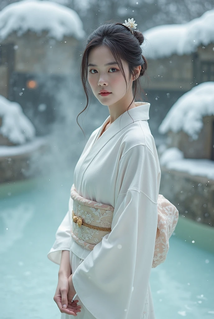 ((Best quality, 8K, Masterpiece :1.3)), Sharp focus:1.2 , Photorealsitic,(Cinematic lighting),Facial detail texture. Eye details. Double eyelids, Slender body. Super small breasts, Sexy collarbone,70-year-old woman, photo-realistic:1.37,Perfect eyes, ((1 old woman in a white yukata)),(white sash),(Ultra-thin fabric),((Ragged linen)),With a petite figure,whaite hair,hair-bun,Qi bangs,Stand in the snow,The barefoot,Hands behind your back,Full body like,short- sleeved,long white robe,folds,((solid color backdrop)),is shy,Be red in the face,Get wet,Traditional Chinese women