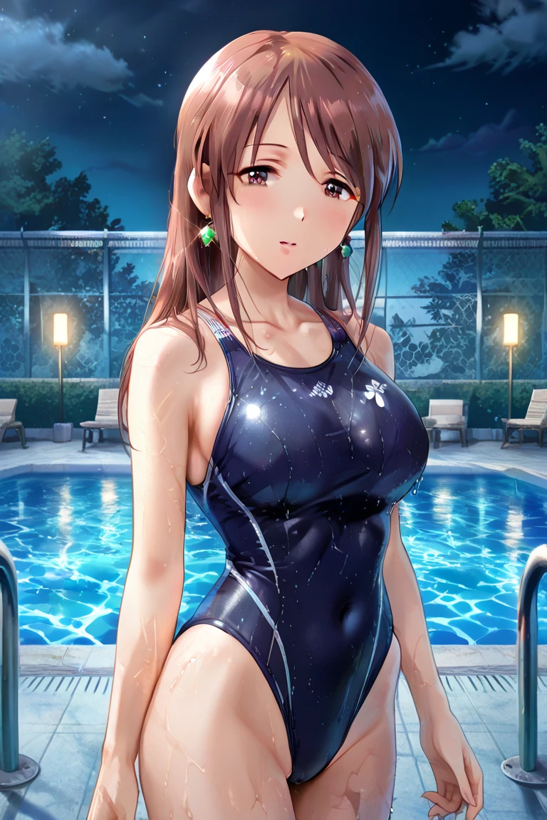 (chibi:1.4)、Absurd, Super detailedな,(In 8K:1.3),Masseter muscle area,(masterpiece:1.2)、(Highest quality)、4K、Super detailed、(Movement Structure:1.4)、(Shining Lights、Atmosphere lighting), High resolution, Best Quality、(One person:1.4),Super detailedな,Bright colors、Treebreak Production Art、(Warm color light source:1.2),High-level image quality、Fine image quality、Intricate details,Volumetric Lighting,Realism BREAK、Profile、 Idol face、15 years old、Very beautiful face and eyes, Beautiful images、 natural make up、puffy eyes、catchlight eyes、deep detailed eyes、 (Big Tits)、(breast cleavage)、(cleavage:1.3)、(glossy skin :1.5), (brown hair,ponytail:1.2)、 (wet hair:1.5), (smile:1.2), (navy、The texture of the school swimsuit is clear:1.3), (super wet skin:1.2) 、(A beautiful pool under the moonlight),(Baby Face:1.5)、(Sweat:1.4)、(Wet body),(petite:1.4)