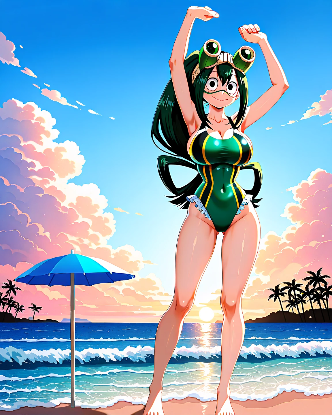 In style of Argerm, (best quality,4k,8k,highres,masterpiece:1.2),ultra-detailed,(r:1.37), vibrant colors, lum, lighting, beach scenery, bikini model, standing tall and confident, full body emphasis, alluring curves, prominent and voluptuous breasts, captivating green hair flowing in the wind, thunderous aura surrounding her, sharp, majestic horns protruding from her head.