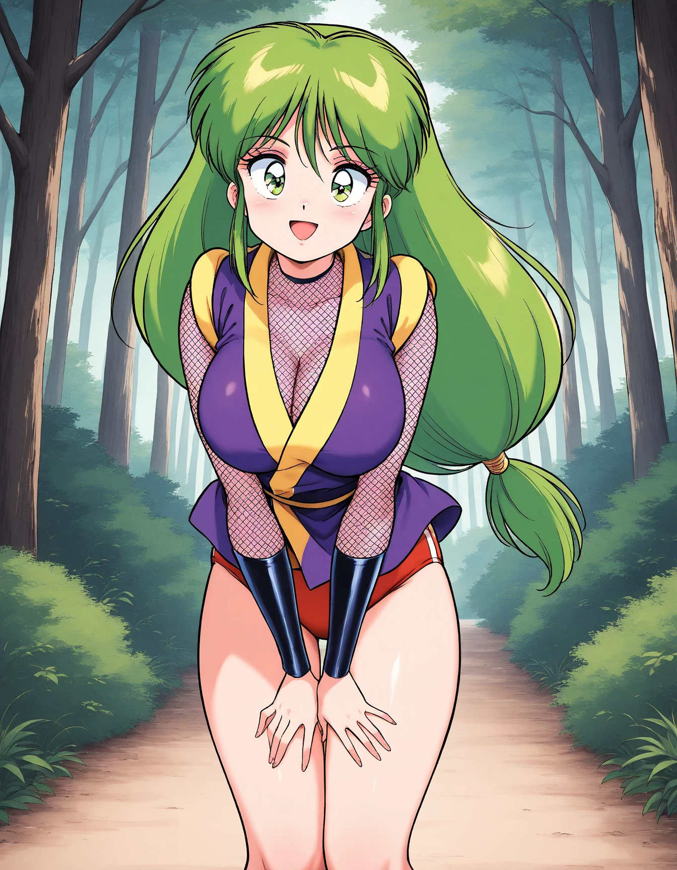 1 girl, super wide hips, super large butt, thicc, green skirt, white belt, purple boots, purple jacket, long green hair, green earrings, super large breasts, masterpiece, green eyes, dark green hair, highres, super large thighs, ass focus, thicc ass, super large hips, One Piece, curvy, panties, blushing