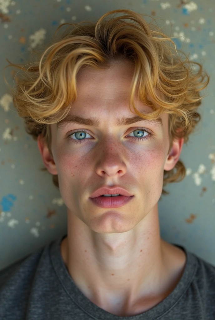 Overweight Man, puffy cheeks, blue eyes, curly red hair, sparse eyebrows, freckles all over the body and with a scar on the upper right side of the forehead