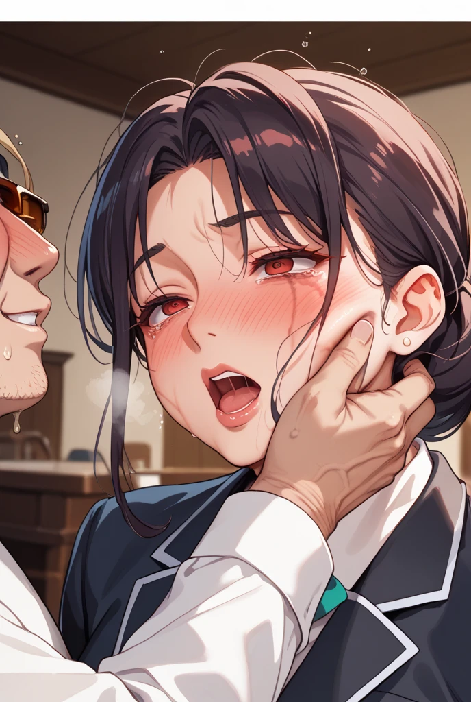crying teacher with ruined makeup, oral rape, lifting skirt