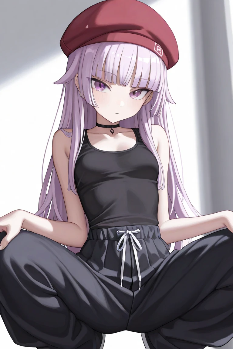 emphasized the forehead purple long hair the length, curly, Leave two tufts of hair surrounding the face, bright purple eyes. Crouching on the bed, Bandage from neck and right wrist, white armor, black thighhighs to the ankles, bare feet.