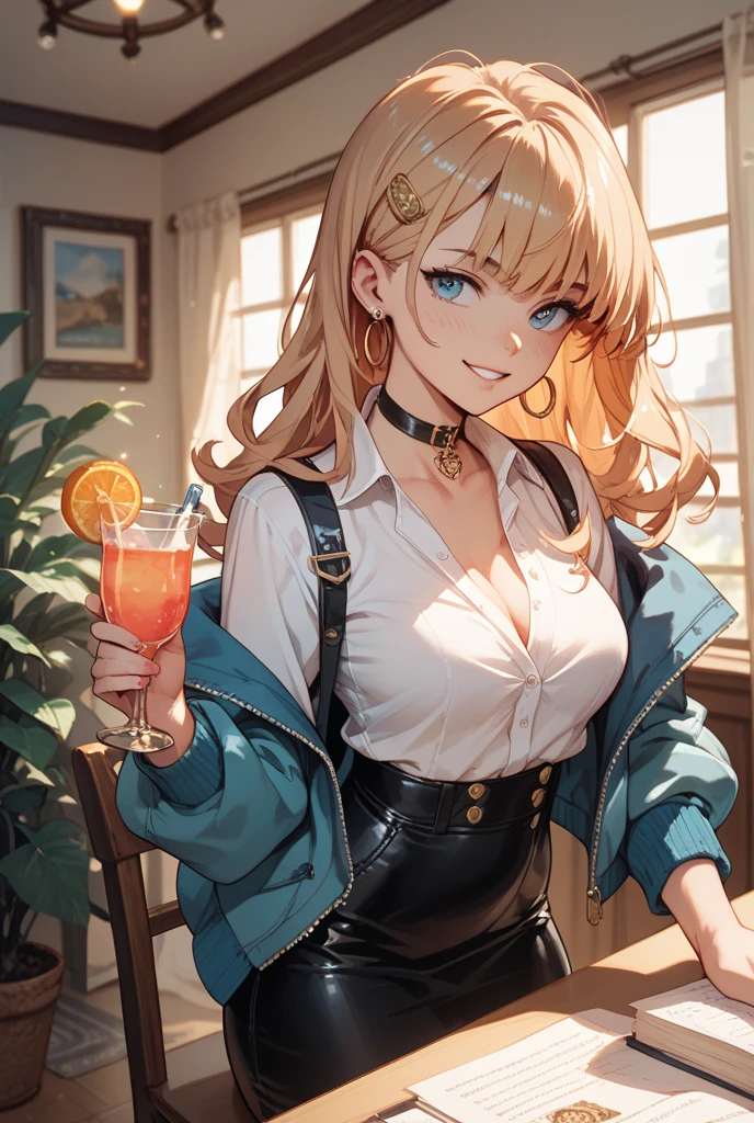 detailed illustration (side view),dynamic angle,ultra-detailed, detailed eyes, detailed face, 1girl, beer bottle, long brown hair, wavy hair, smirk, victorious look, proud look, winning look, blue eyes, detailed eyes, bright eyes, black blouse, cleavage, buttoned blouse, dark red skirt, mini skirt, crossed legs, sitting, couch,
