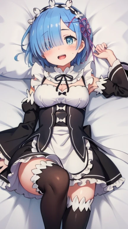 eZero ~Starting life in another world~、Rem、big breasts、look at the camera、lying face up in bed、troubled face