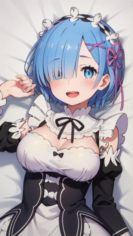(((Pixel Perfect, Perfect detail))),girl,Re:Zero Rem,Rem's hairstyle,short,(((Rem-style hair accessory)))((whole body)),Medium chest, ((Bangs that hide the right eye))(((1girl, double handjob, 2boys, penis,))) (((excessive cum)))